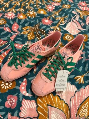 adidas Pink Sneakers with Green Stripes and Laces